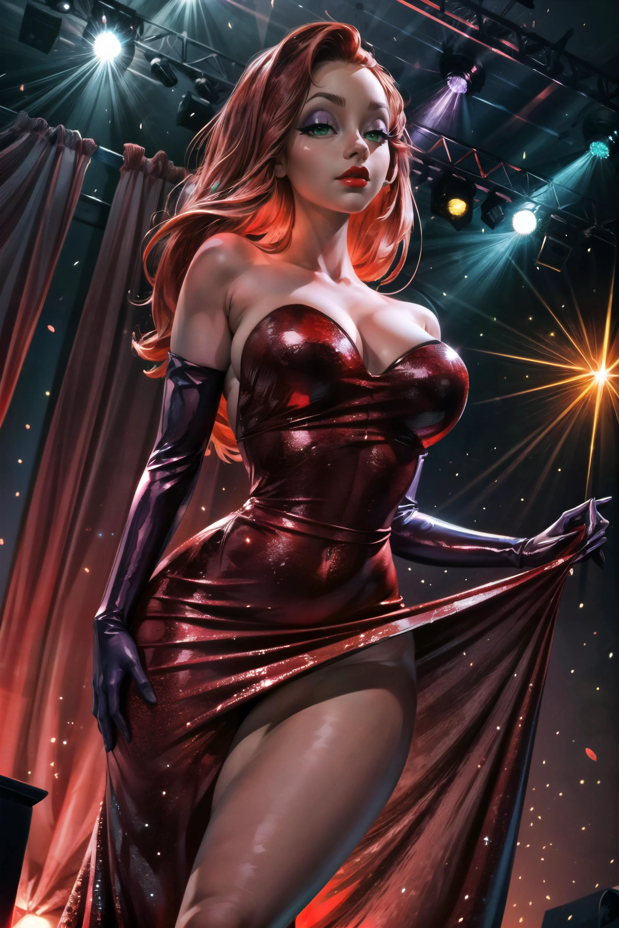 ((best quality)), ((masterpiece)), (detailed), <lora:add_detail:1>, (vivid colors:1.5), looking at viewer, studio quality, soft lighting, (JessicaWaifu), (red hair, green eyes), (red dress), ((extremely curvy)), (strapless dress, elbow gloves, red lips, makeup, cleavage), <lora:JessicaRabbit_character:0.7>, skin indentation, stage, performance, shot from below, upskirt, detailed pussy, dark room