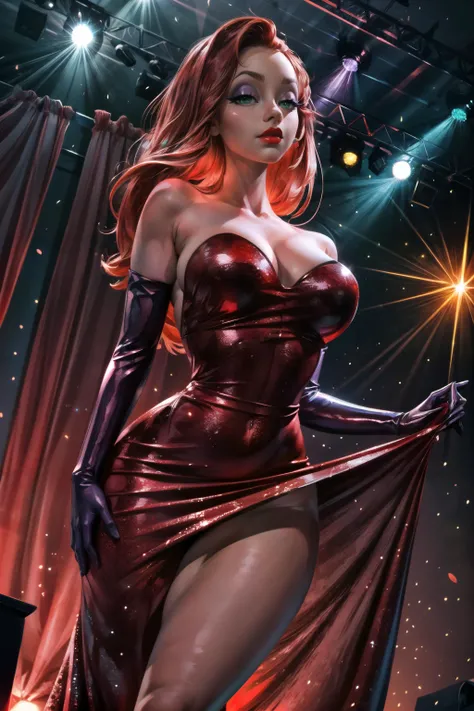 Jessica Rabbit in a big red dress, high-cut, long purple elbow length gloves