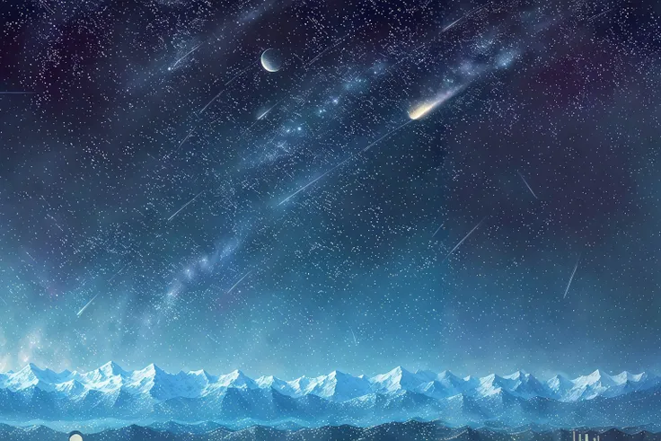 (masterpiece, top quality, best quality, official art, beautiful and aesthetic:1.2), divinesplatter, a black sky full of stars, shooting star, moon, snowcapped mountains <lora:DivineSplatter:2.0>