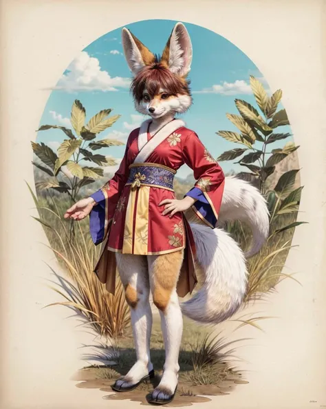 Photorealistic,realistic,best quality,intricate detail,absurdres,colored,<lora:Furry_Yiff_Mix_V1:1>,(furryyiffmix:1.2),(furry:1.2),shortstack,traditional clothes,full body,asian culture,fennec