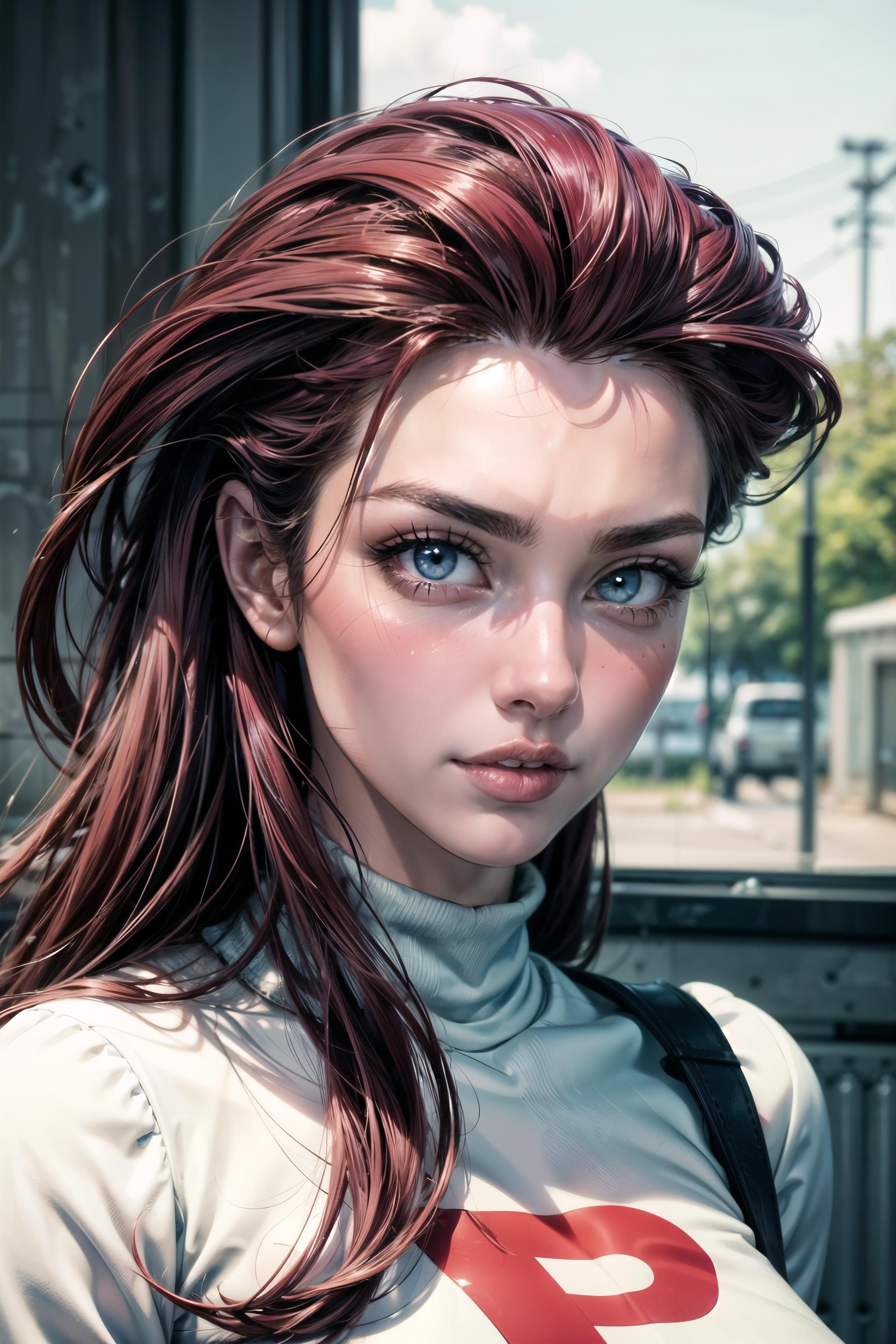 A woman with red hair and a white shirt is posing for a picture - SeaArt AI