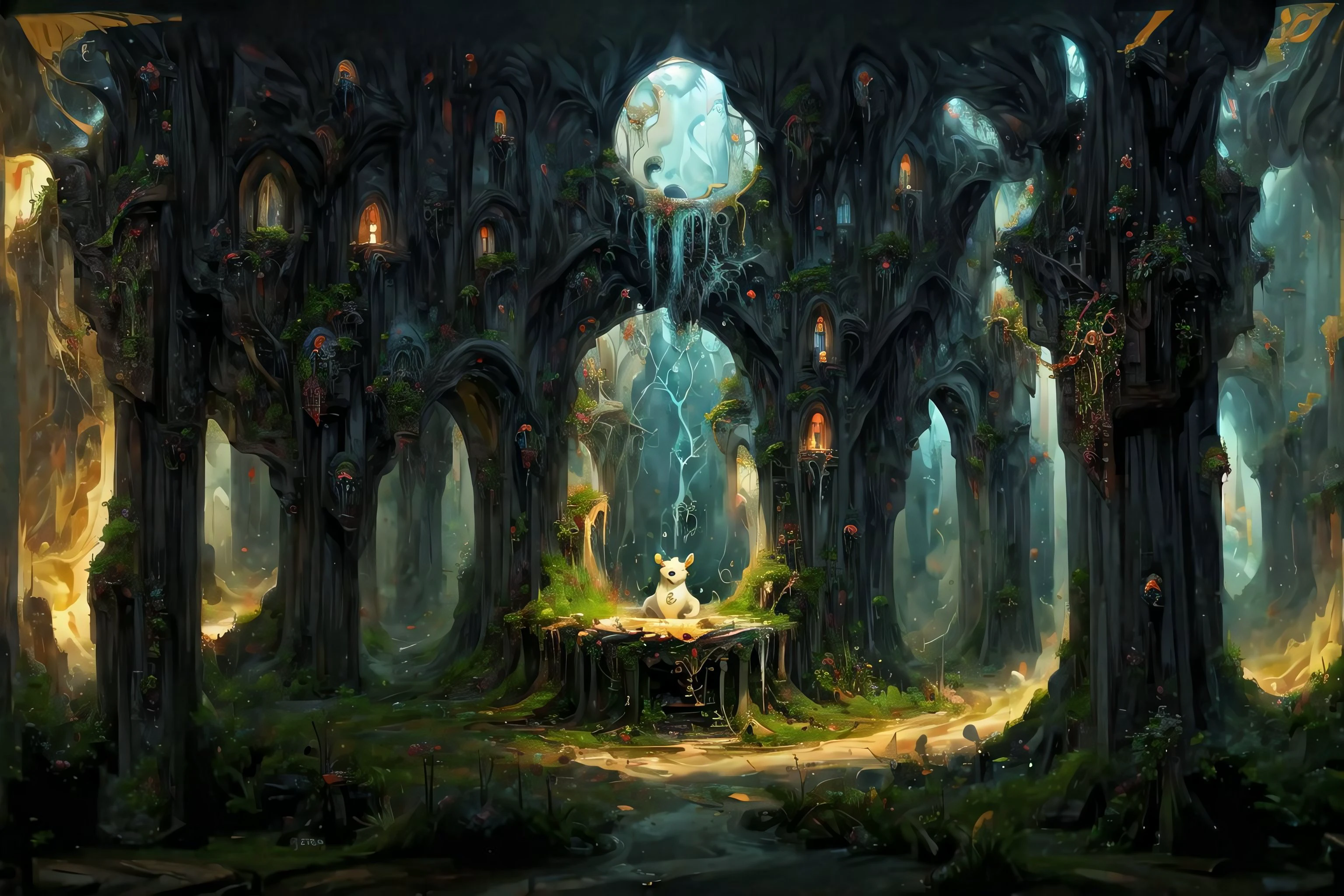 a cute bear in a cave, fuzzy, stalactites, stalagmites, <lora:BlobJourney:1.0>