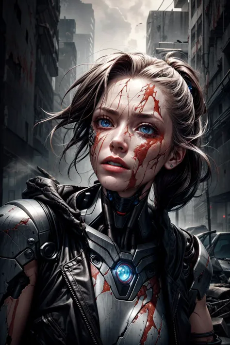 RAW photo, hyper-realistic, Generate a realistic image inspired by the Terminator franchise, depicting the face of a battle-damaged female cybernetic organism. The face is divided into two halves: on the left side, the visage appears to be that of a resilient woman, with lifelike skin,highly detailed eyes and skin, delicate features, and signs of determination. On the right side, however, the illusion of humanity is shattered, revealing the exposed, damaged exoskeleton beneath the surface of the skin.
Render the human side of the face with meticulous attention to detail, capturing the intensity and grit of a battle-hardened warrior. Utilize high-resolution textures to depict the resilient skin, portraying a mix of determination, sweat, and possibly a few battle scars. Enhance the realism by incorporating dynamic lighting techniques that emphasize the character's determination and strength, casting shadows that add depth and intensity to the facial expression.
On the damaged robotic side, reveal a combination of damaged and torn skin that exposes the metallic exoskeleton beneath. The skin should appear to be peeling or partially torn, revealing the intricate machinery situated beneath it. Employ advanced AI rendering techniques to bring out the details of the exposed exoskeleton, showcasing the battle-inflicted scars, ruptured joints, and sparks of malfunctioning circuitry. The metallic exoskeleton should be positioned deeper within the face, conveying the sense that it resides beneath the torn skin.
Create a contrast between the warm, human side and the cold, damaged robotic side by utilizing a lighting scheme that highlights the stark divide between organic and artificial elements. Experiment with lighting angles to accentuate the battle damage and provide depth to the damaged robotic side. Use orange lighting on the damaged side to create an otherworldly and menacing atmosphere, while also highlighting the exposed exoskeleton beneath the torn skin.
In the background, incorporate a dystopian environment that further enhances the sense of destruction and battle. Utilize smoky atmospheres, crumbling structures, or shattered remnants of technology to reinforce the theme. This backdrop will enhance the overall atmosphere and convey a post-apocalyptic setting.
Ensure that the final image effectively portrays the resilience and battle-worn nature of the female Terminator, juxtaposing the vulnerability of human skin with the exposed exoskeleton beneath the damaged surface. The attention to detail, realistic rendering, and careful lighting techniques, including the use of torn skin and the placement of the exoskeleton deeper within, will contribute to a visually captivating and immersive representation of the battle-damaged female Terminator's face.
<lora:add_detail:1.5> <lora:bhands-neg:1> <lora:Noiseoffset:0.5>