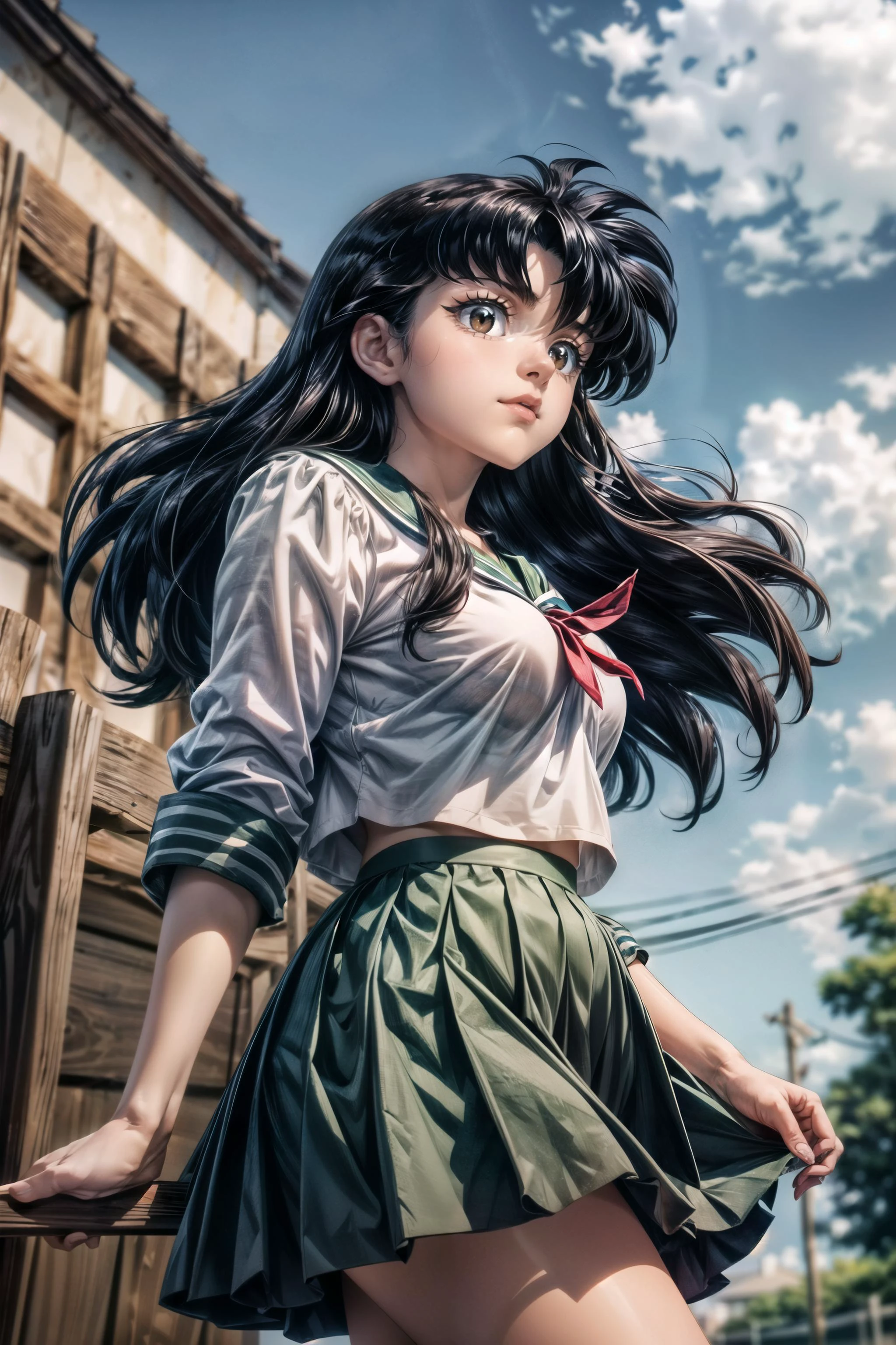 cowboy shot, shot from below, (higurashi kagome, black hair, brown eyes, long hair, medium breasts), serafuku, sailor collar, green pleated skirt, <lora:Kizuki - Inuyasha - Higurashi Kagome:0.7>,, (masterpiece, best quality, CG, wallpaper, HDR, high quality, high-definition, extremely detailed), (detailed eyes), <lora:detailed_eye:0.6>, (detailed), <lora:add_detail:1>