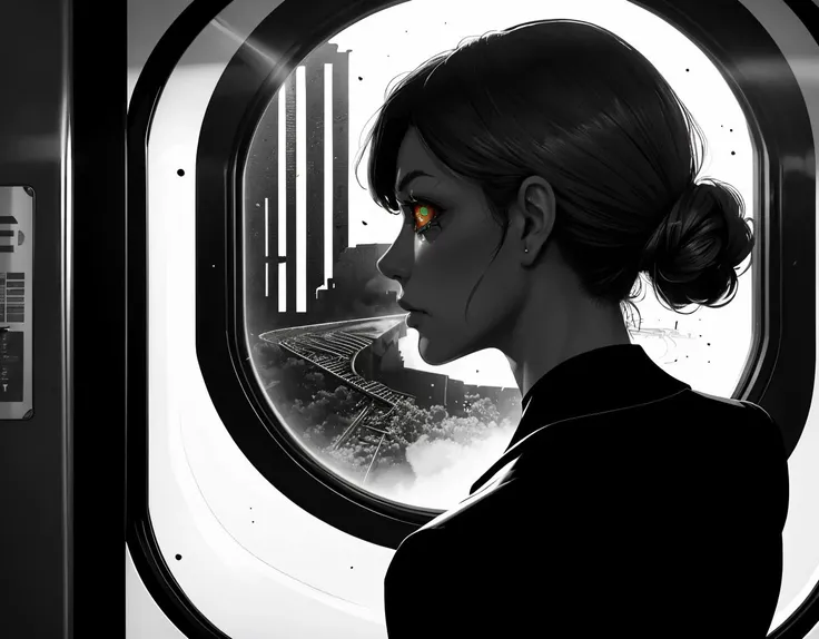 three cornered window, back of head shot of (woman looking out of triangle window:1.1), 3rd person, Looking out the triangular window of a (train:1.1) with triangular windows, triangular windows and triangular, wheels,  in a fantasy world, 
psychedelic, geometric, vivid light, high contrast, triadic colors, dark shadows,  explosions, nuclear mushroom cloud, nuclear explosion, dystopian nightmare, 
(beautiful composition),
21 yo woman,