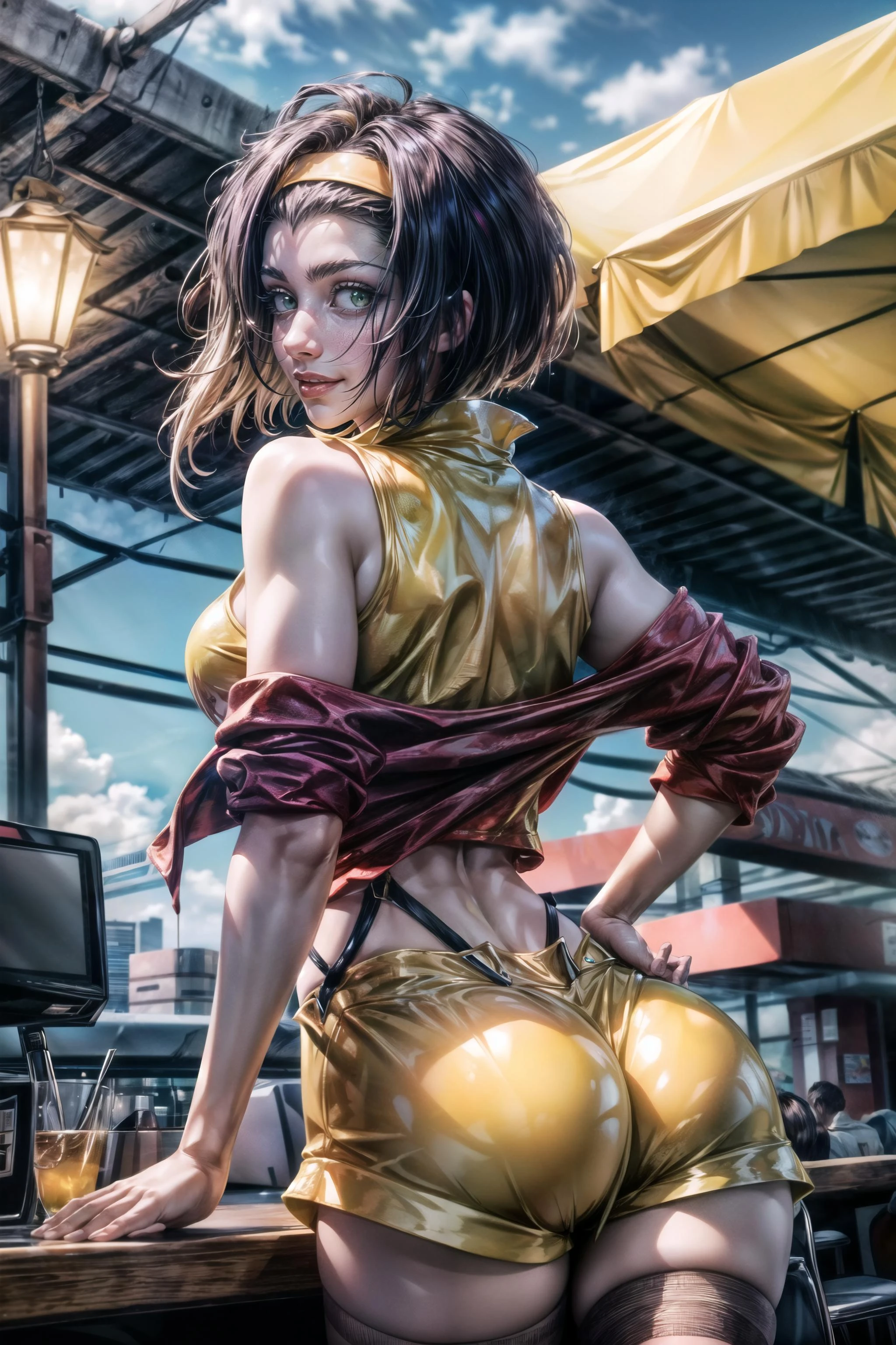(detailed eyes), <lora:detailed_eye:0.8>, (detailed), <lora:add_detail:1.3> (beautiful green eyes), (fayevalentine), <lora:cowboybebop_faye:1>, (smiling, seductive eyes) yellow hairband, red jacket, crop top, yellow shorts, thighhighs, midriff, cleavage, (ass support, shot from behind), <lora:ass_support_v0.1:0.7>