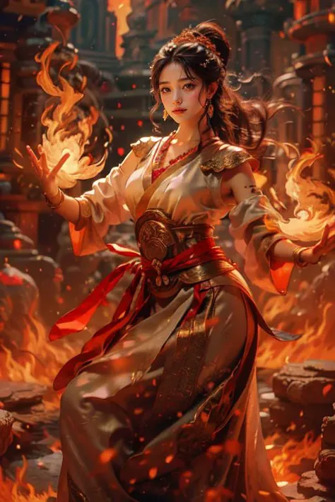 Best quality,masterpiece,ultra high res,(photorealistic:1.4)1girl,beautiful_face,detailed skin,full body,<lora:yuhuoshu:0.8>,yuhuoshu,jewelry,solo,earrings,(fire:1.3),blurry,realistic,lips,