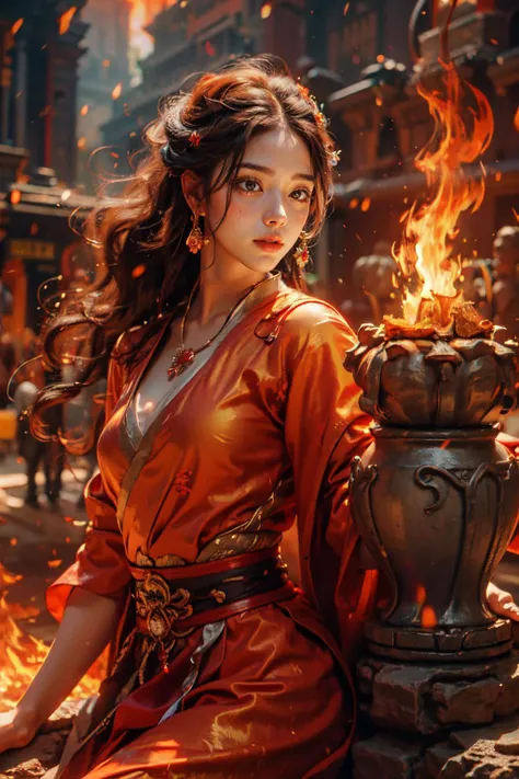 Best quality,masterpiece,ultra high res,(photorealistic:1.4)1girl,beautiful_face,detailed skin,full body,<lora:yuhuoshu:0.6>,yuhuoshu,jewelry,solo,earrings,(fire:1.3),blurry,realistic,lips,