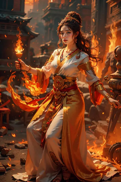 Best quality,masterpiece,ultra high res,(photorealistic:1.4)1girl,beautiful_face,detailed skin,full body,<lora:yuhuoshu:0.6>,yuhuoshu,jewelry,solo,earrings,(fire:1.3),blurry,realistic,lips,