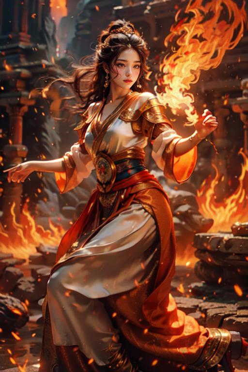 A woman in a white dress with a red sash and a fire - SeaArt AI