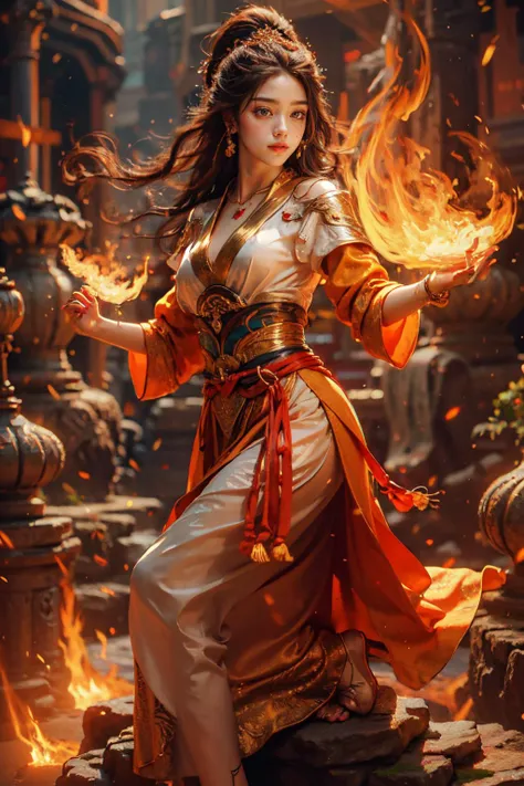 Best quality,masterpiece,ultra high res,(photorealistic:1.4)1girl,beautiful_face,detailed skin,full body,<lora:yuhuoshu:0.6>,yuhuoshu,jewelry,solo,earrings,(fire:1.3),blurry,realistic,lips,