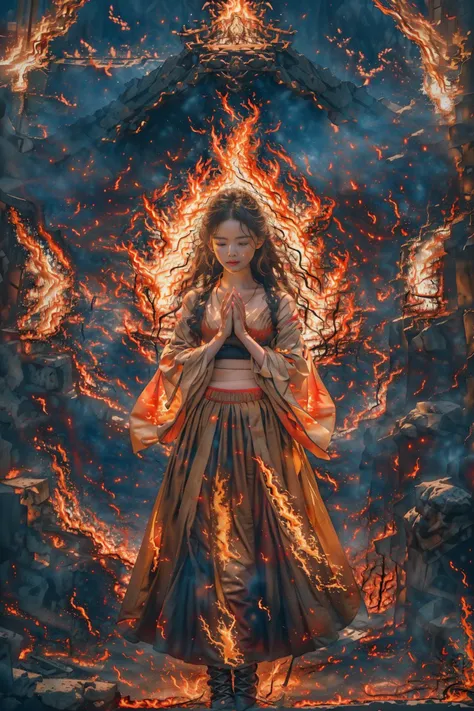 (a girl with hands clasped together:1.2),beautiful face,flames came out from his hands,look at the audience,all around me is fire,waist in the photo,(wide sleeves:1.3),(red background:1.2),(wide skirt:1.4),
(surrounded by flames:1.4),(Light of fire:2.2),(long hair of fire:1.6),
<lora:FenW:0.4>,<lora:yuhuoV2:0.8>,yuhuozhishu,fire,
<lora:butterfly:0.5>,butterfly style,highest quality,super detailed,masterpiece,8K,(film lighting:1.2),(bright lighting effects:1.2),(front photo:1.2),supernaturalism,