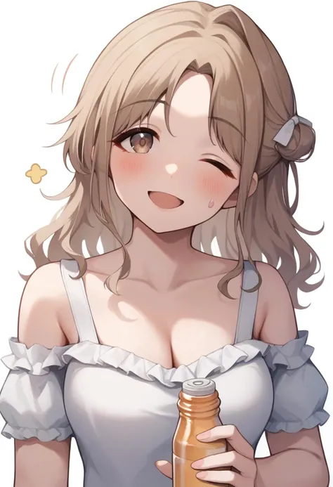 score_9,score_8_up,score_7_up,<lora:ichikawa_hinana_pony:1>,cleavage, bottle, holding, off_shoulder, frilled_sleeves, smile, collarbone, simple_background, frills, blush, white_background, upper_body, breasts, holding_bottle, sweatdrop, armpit_crease, highres, frilled_shirt_collar, motion_lines, shirt, looking_at_viewer, white_shirt, ichikawa_hinana, one_eye_closed, solo, ;\), 1girl, head_tilt, off-shoulder_shirt