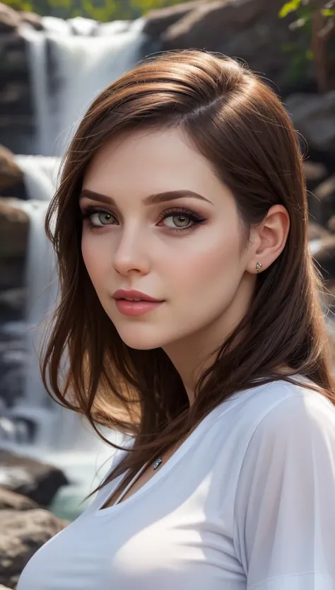 portrait of a beautiful israeli woman, face close-up, hyper detailed eyes, detailed skin with a flawless texture delicate and refined, smooth hair elegantly draped around her neck, full lips, wearing a white t-shirt, and jeans, waterfall in the background, natural lighting accentuates her natural beauty, supersharp focus, bokeh, style of Jovana Rikalo,