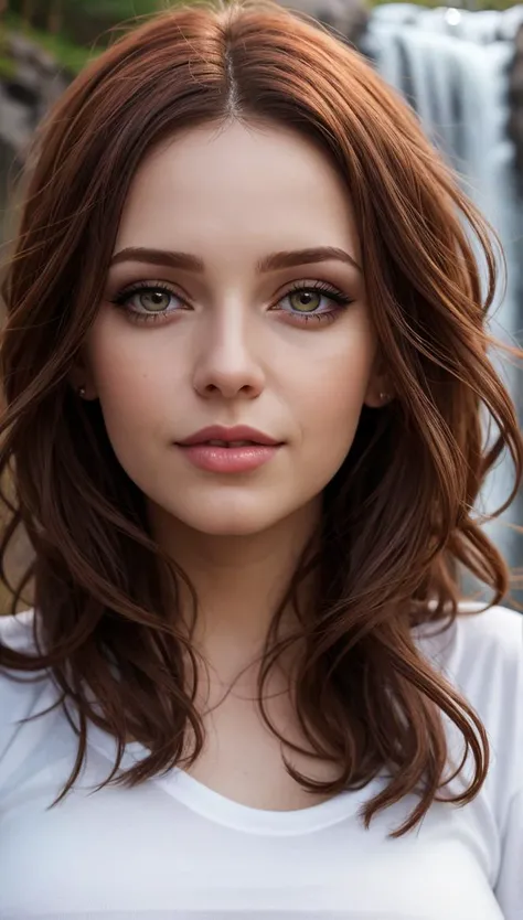 portrait of a beautiful israeli woman, face close-up, hyper detailed eyes, detailed skin with a flawless texture delicate and refined, smooth hair elegantly draped around her neck, red hair, full lips, wearing a white t-shirt, and jeans, waterfall in the background, natural lighting accentuates her natural beauty, supersharp focus, bokeh, style of Jovana Rikalo,