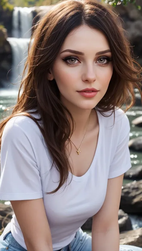 portrait of a beautiful israeli woman, face close-up, hyper detailed eyes, detailed skin with a flawless texture delicate and refined, smooth hair elegantly draped around her neck, full lips, wearing a white t-shirt, and jeans, waterfall in the background, natural lighting accentuates her natural beauty, supersharp focus, bokeh, style of Jovana Rikalo,
