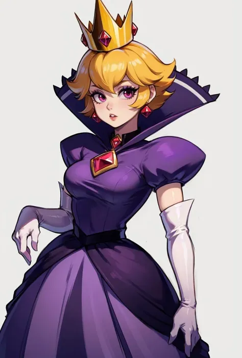 <lora:Mario_ShadowPeach-DEF:0.8> shadow queen, crown, short hair, jewelry, high collar, dress, elbow gloves, cowboy shot, white background