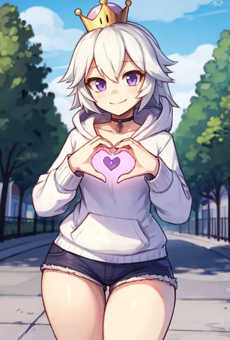 <lora:Mario_Boosette-DEF:0.8> boosette, crown, black choker, hoodie, shorts, outdoors, smile, (heart hands)