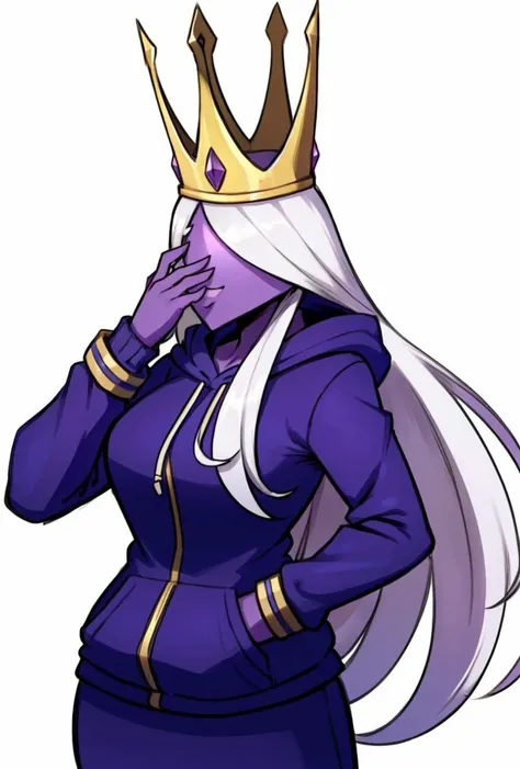 <lora:Mario_ShadowQueen-DEF:0.8> shadow queen, solo, hoodie, white hair, big lips, purple skin, covered face, long hair, personification, cowboy shot, white background