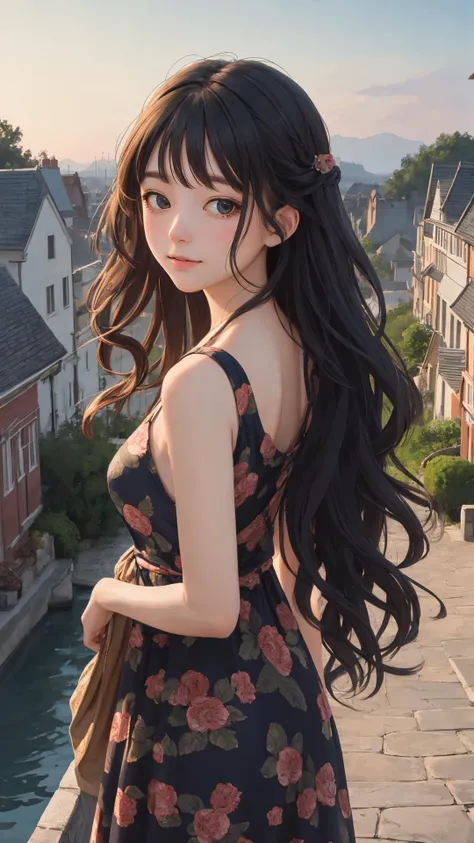 (masterpiece), 
(best quality), 
looking at viewer, 
(wavy hair:0.8), 
lady, dawn, town, outdoors,