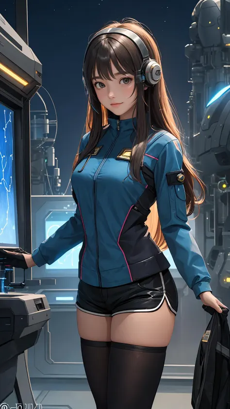 (masterpiece), (best quality), looking at viewer, 
(wavy hair:0.8), long hair, (character on front:1.1),
{girl|lady}, night, outdoors, shiny skin, (science fiction:1.4), shorts, thighhighs, random view,