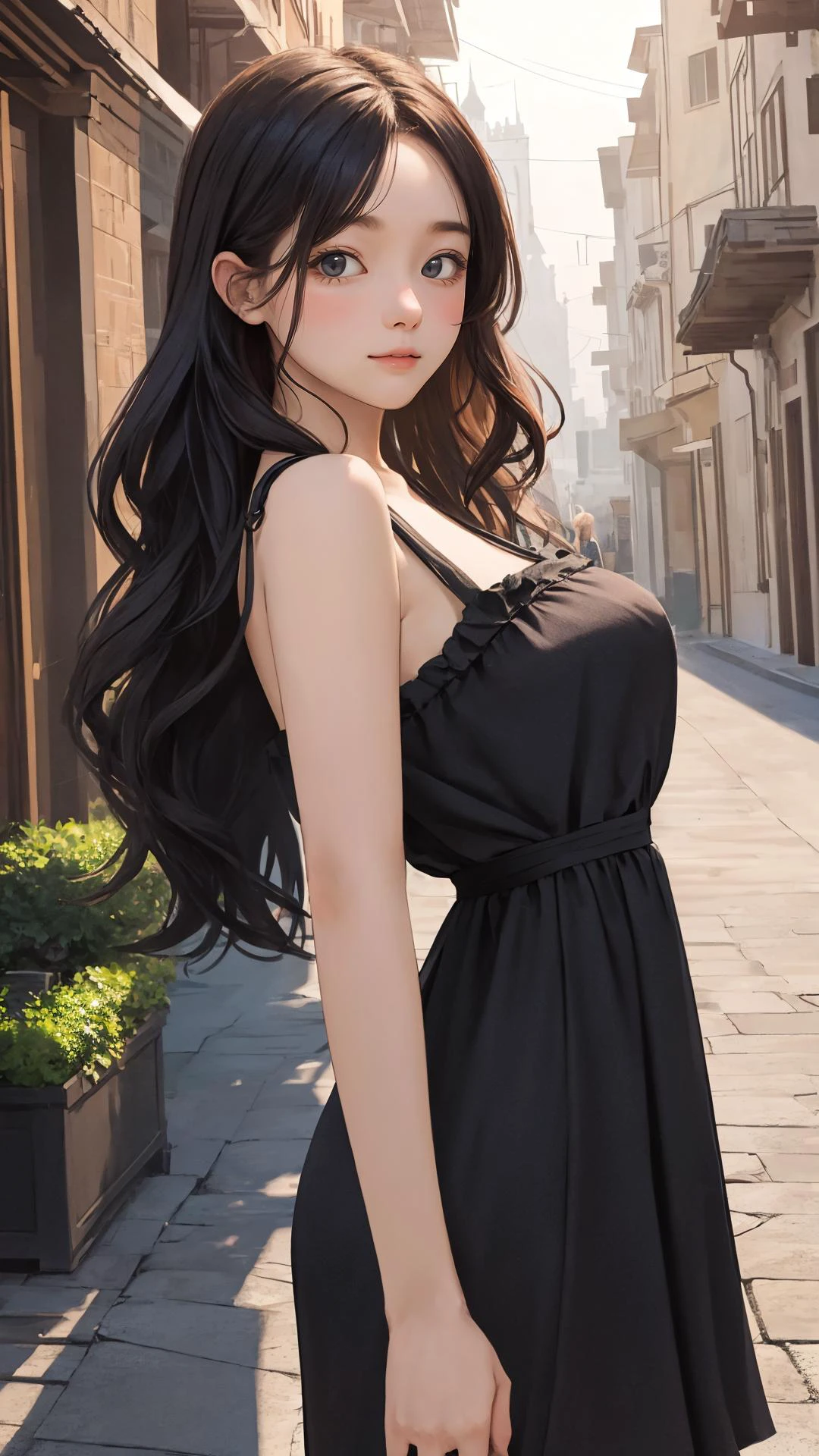 (masterpiece),
(best quality),
looking at viewer,
(wavy hair:0.8),
lady, dawn, town, outdoors,