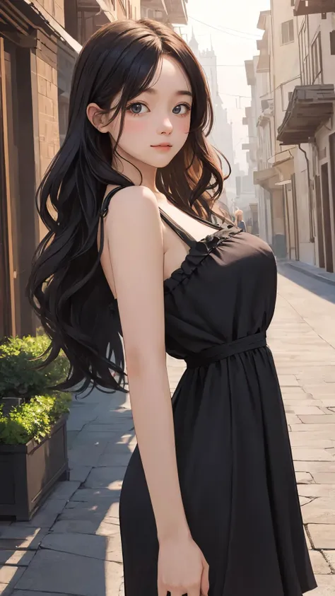 (masterpiece), 
(best quality), 
looking at viewer, 
(wavy hair:0.8), 
lady, dawn, town, outdoors,