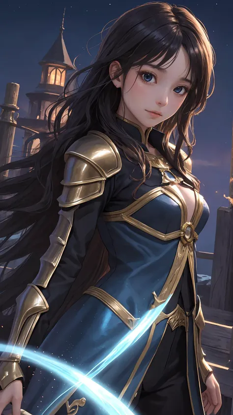 (masterpiece), (best quality), looking at viewer, 
(wavy hair:0.8), long hair, (character on front:1.1),
{girl|lady}, night, outdoors, shiny skin, fantasy,
{knight|warrior|rogue},