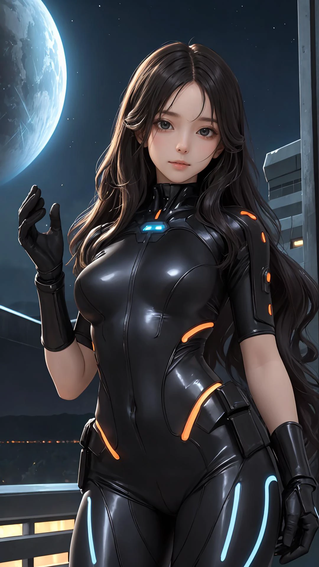 (masterpiece), (best quality), looking at viewer, 
(wavy hair:0.8), long hair, (character on front:1.1),
{girl|lady}, night, outdoors, shiny skin, (science fiction:1.1),