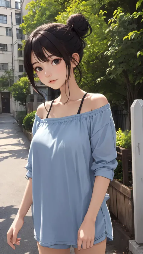 (Messy bun with loose tendrils),
(character on front), outdoors, dark hair, dark eyes, lady,
masterpiece, best quality, looking at viewer,