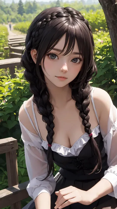 (braid), (character on front), outdoors, dark hair, dark eyes, lady,
masterpiece, best quality, looking at viewer,