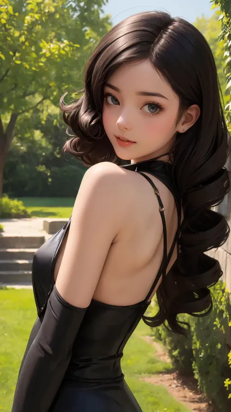 (pin-up curls),
(character on front), outdoors, dark hair, dark eyes, lady,
masterpiece, best quality, looking at viewer,