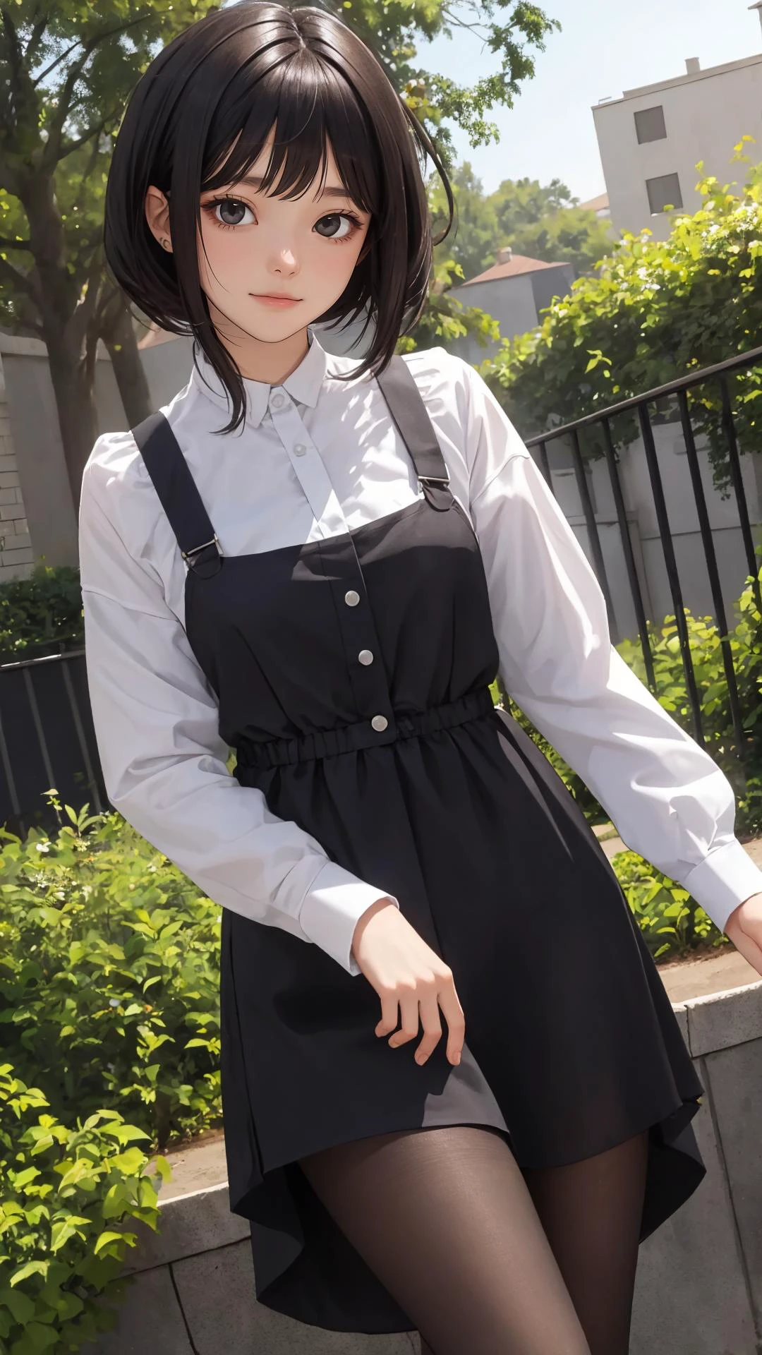 Undercut, (character on front), outdoors, dark hair, dark eyes, lady,
masterpiece, best quality, looking at viewer,