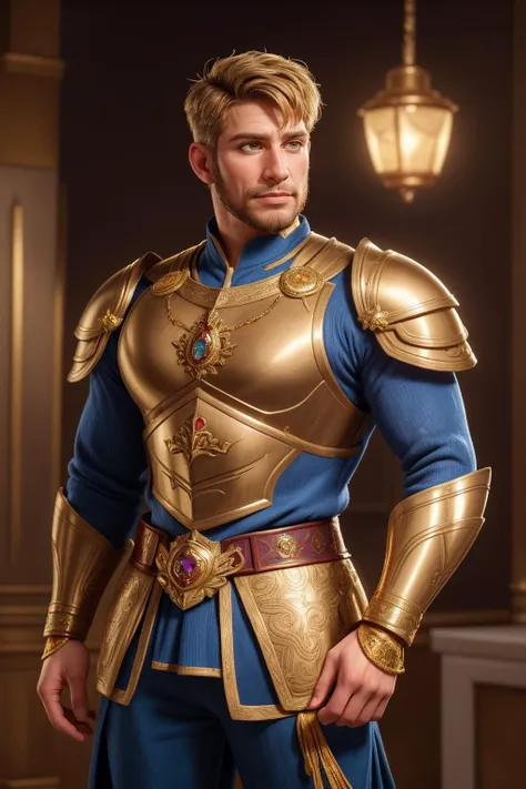 intricate and highly detailed picture of a gorgeous man wearing a hand-crafted armor made of gold and colorful jewellery, standing proudly, looking at viewer, high quality portrait, cinematic lighting, beautiful lighting, cocky yet inviting, bulge, masculine, manly, testosterone, professional official art, art gallery worthy