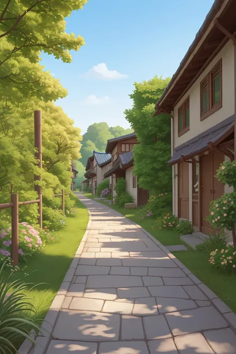 Korean summer, back alley, flowers, bushes, vegetation, white picket fences, pathway, bucolic, nostalgia, beautiful, absurdres, 8K, HDR