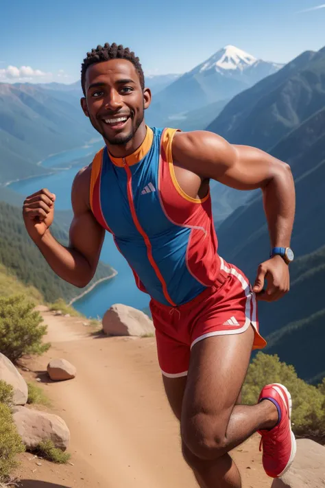 handsome dark skinned african man running on mountain trail, outdoors, happy, revealing running vest, tight red shorts, sneakers, smile, looking at viewer,