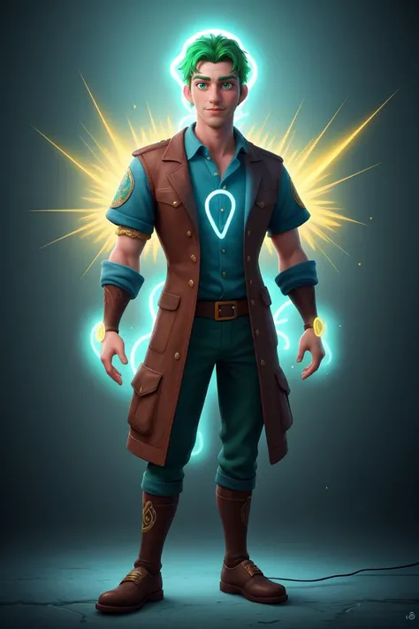 a handsome celtic man, magical masterpiece, green sparks, neon lighting, blue aura, ethereal, gold, intricate details, absurdres, HDR, 8K
