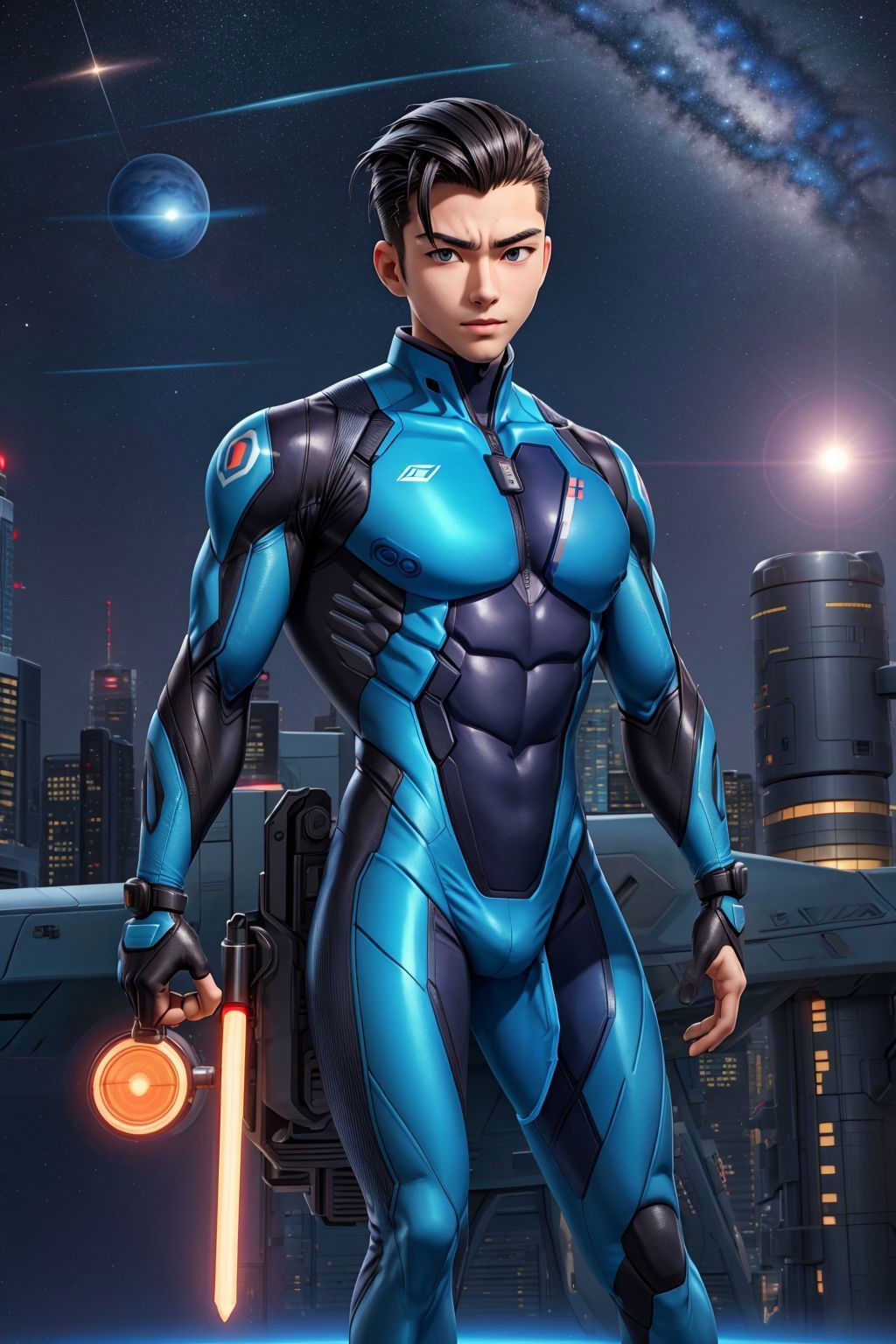 A man in a blue suit standing in front of a city - SeaArt AI