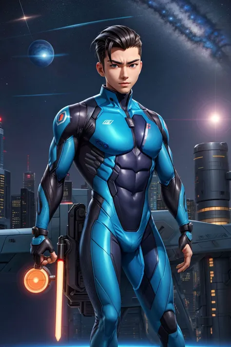 21 year old male, japanese, slick hair, muscular, <lora:zerosuit:0.8> zerosuit, space city, skyline,, 8k, masterpiece, high saturation, Masterpiece, best quality