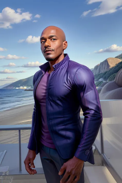 photograph of, 1man, <lora:rhyheimsv3:1> rhyheims, black man, dark skin, facial hair, bald, portrait, best quality, 4K, masterpiece, detailed, intricate, blue and purple and pink, perfect anatomy, by professional artist, realistic,
<lora:add_detail:0.45> purple shirt, blue jacket, beach background