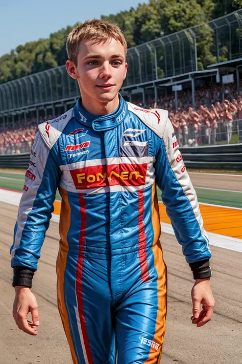 racing firesuit, formula one, <lora:CFDawson:0.8> cfdawson
