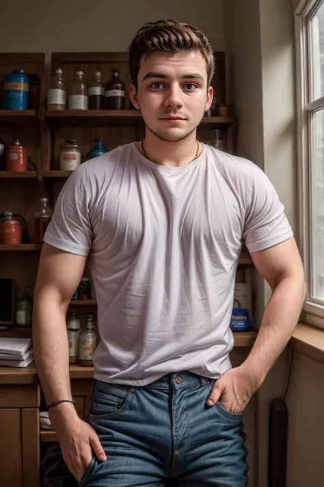 young irish man with a very tattooed body wearing a white jockstrap, very curly red hair, furry body, furry chest, bursting about to explode, no abs, wearing nothing, celtic tattoos, neck tattoo, with tattoos, arm tattoos, leg tattoos, chest tattoos, very very very pale white skin, 2 9 years old, thicc, dad bod, realistic skin, smiling