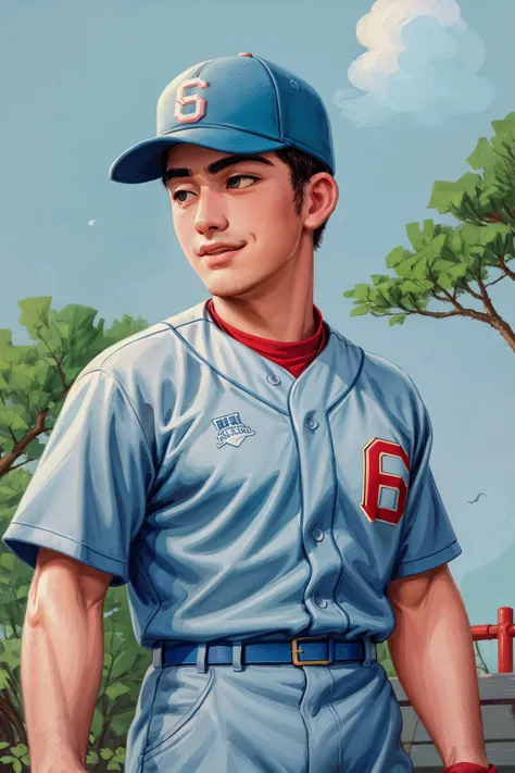 <lora:1950sVintageArt:0.8> vintage art, illustration, Japanese, baseball uniform,, 8k, masterpiece, high saturation, 21 year old fratboy