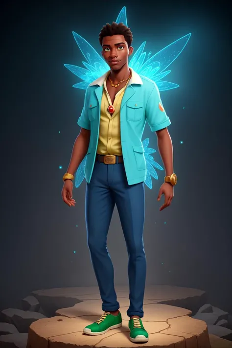 a handsome African man, magical masterpiece, green sparks, neon lighting, blue aura, ethereal, gold, intricate details, absurdres, HDR, 8K