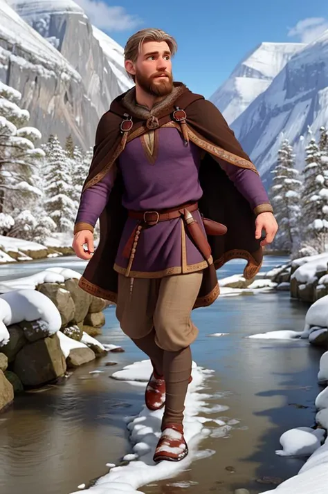 skinny Norwegian man running across a snowy stream, beard, early twenties age, uppercut, (scarred face), highly detailed skin, three quarters view,
(norsemenclothes), brown pants, cloak, purple embroidered tunic, belt, cape,
fjord,