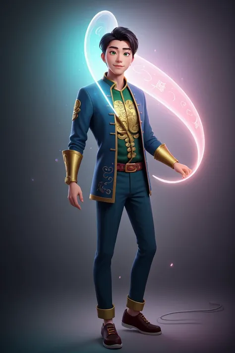 a handsome Chinese man, magical masterpiece, green sparks, neon lighting, blue aura, ethereal, gold, intricate details, absurdres, HDR, 8K