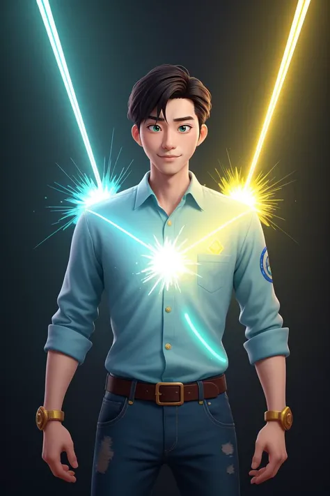 a handsome Korean man, magical masterpiece, green sparks, neon lighting, blue aura, ethereal, gold, intricate details, absurdres, HDR, 8K