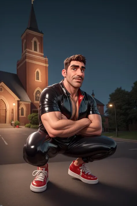 masterpiece, best quality, highres, male focus, solo focus, middle-aged man,DILF, beefy, scruffy, handsome face with (large nose, large lips, large eyebrows) wearing (skimpy black latex outfit, red high sneakers) (squatting:1.1) in front of (church), by night, HDR, volumetric lighting, highdetail, 8K, bokeh <lora:add_detail:1>