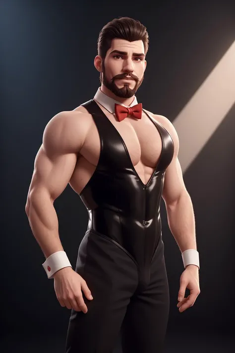 (BDBUNNY, BLACK LEOTARD, RED LEOTARD, BOW TIE, WRIST CUFFS), bulge, (STANDING, COWBOY SHOT, muscular male, beard, white skin, pale skin, DARKNESS), (solo male, bara, mature, short hair, stubble), handsome, solo male, male focus, cinematic lighting, realistic,