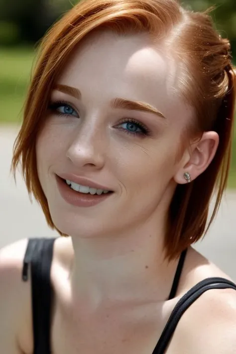 A Masterpiece, real life photo taken on a camera phone, of a seductive english woman ((with Ruby red hair and beautiful blue eyes)), ((detailed hair and skin texture)), (Medium sized breasts) cleavage, looking at the viewer, ???????????, (huge penis , ??????? , cumshot:1.3) , gorgeous girl , extremely detailed face eyes and skin
